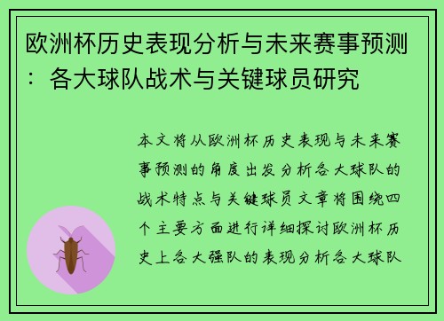 欧洲杯历史表现分析与未来赛事预测：各大球队战术与关键球员研究