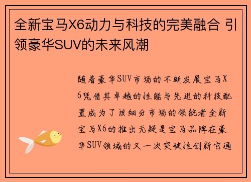 全新宝马X6动力与科技的完美融合 引领豪华SUV的未来风潮